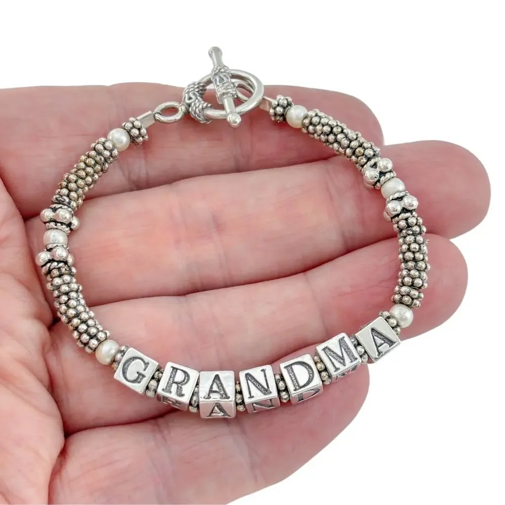 Vintage Sterling Silver 925 Grandma Imitation Pearl Bracelet 7